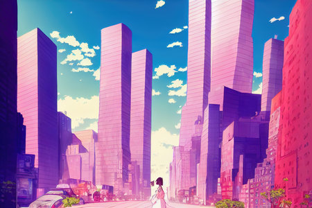 anime girl standing in front of a futuristic city with very big towers, colorful manga art, conceptの素材