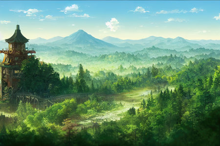 beautiful anime landscape with an ancient tower and a big forest, green illustration, concept artの素材