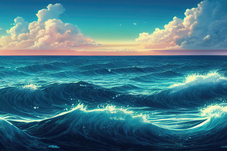 anime landscape illustration with waves, shining waves, concept artの素材