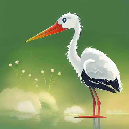 cartoon stork illustration with plants and green background, cocneptの素材