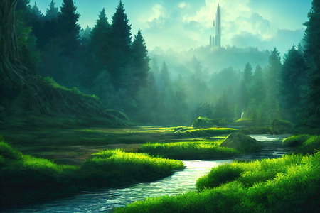 anime landscape illustration with a small river in the forest and a big tower in the background, fantasy, conceptの素材