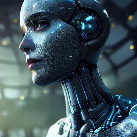 an illustration of a female robot face, ruling the world, enslaved humankind, conceptの素材