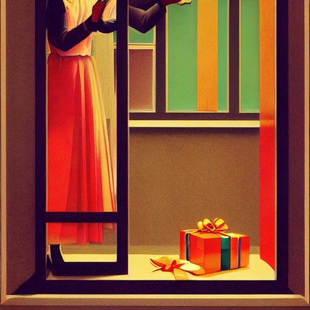 gift box laying in front of a door, abstract illustration, conceptの素材