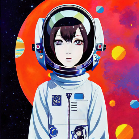 female astronaut painted in a simple cartoon style with planets in background, conceptの素材