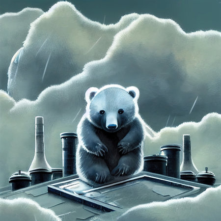 sad young lonely polar bear sitting on a piece of firm, climate change, conceptの素材