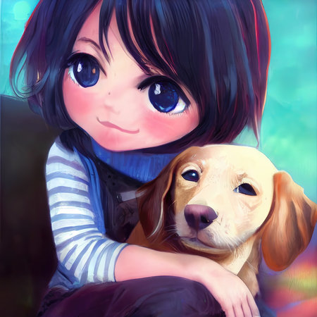 cute manga girl with a dog, illustration, artの素材