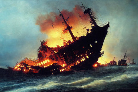 burning shipwreck after a bomb attack, ship on ocean illustrationの素材