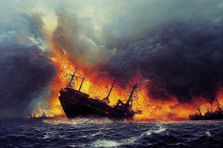 burning shipds on the ocean, abstract illustration, artの素材
