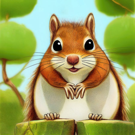 illustration of a fat cute squirrel in the forest, cartoon art2の素材
