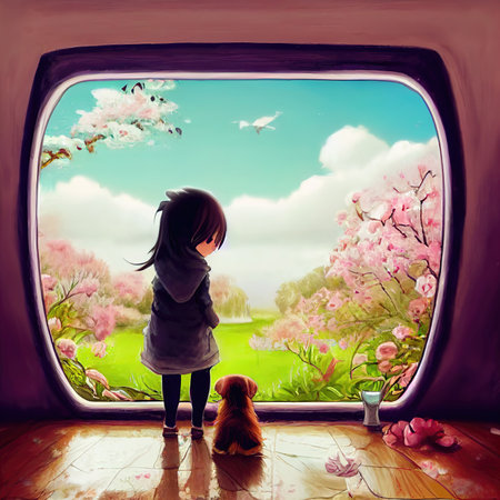 cute little dog and girl watching out a wonderful window with cherry blossom - illustrationの素材