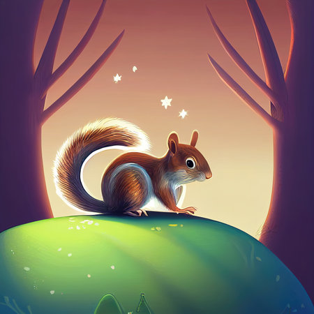cartoon illustration of a squirrel on a hill in the forest, artの素材