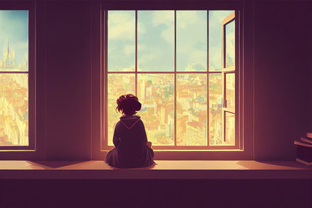 young girl sitting in front of a window, life thinking part, depression - artの素材