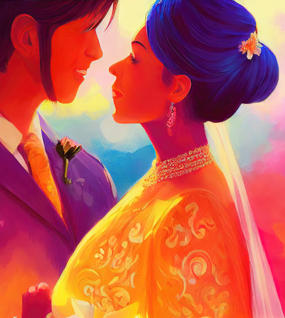 happy bride and groom together, colorful illustration, artの素材