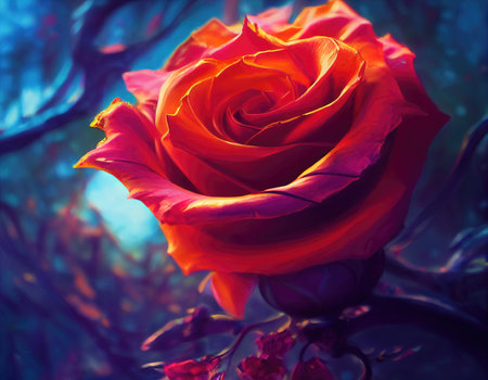 fantasy red rose in a fairytale forest illustrationの素材