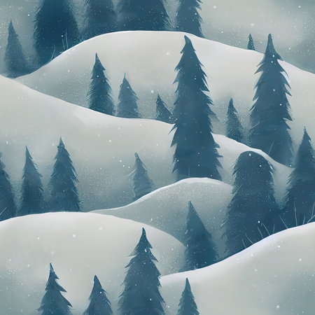 cartoon illustration of a winter scene with trees and snow, gift card art illustrationの素材