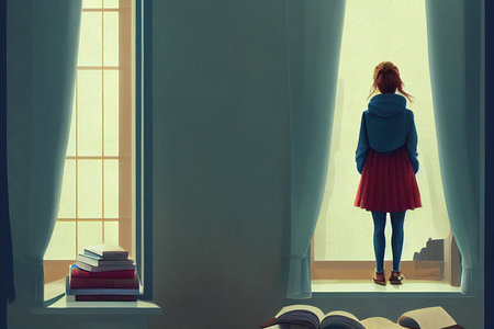 a young woman standing in front of a window and thinking about life, artの素材