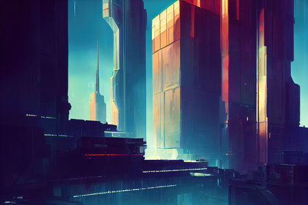 blue sunrise scene of a cyberpunk city artの素材