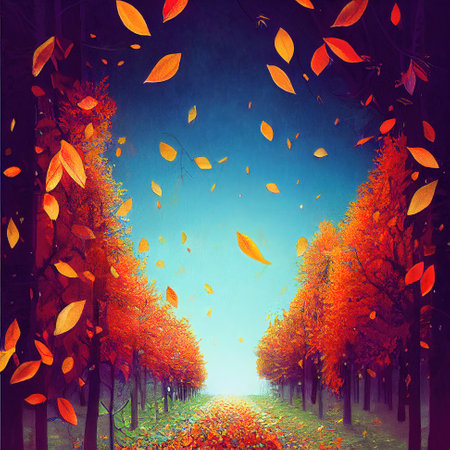 falling leaves at a long road, beautiful cartoon illustration artの素材