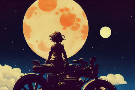 manga girl sitting on a motorcycle watching the moons, cartoon manga art 2の素材