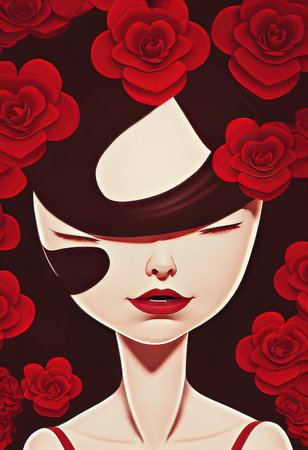 chocolate woman illustration, abstract illustration of a young woman with roses and brown background artの素材
