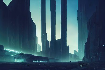 a future city fog scene, concept art illustration artの素材