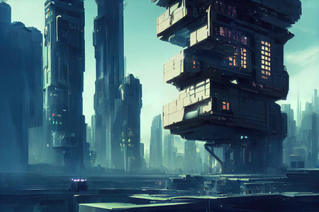 cyberpunk city scene with a futuristic tower, art 2の素材
