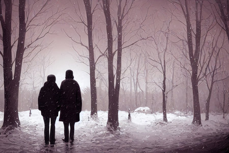 couple in winter holding hand, sunrise scene cartoon art 2の素材