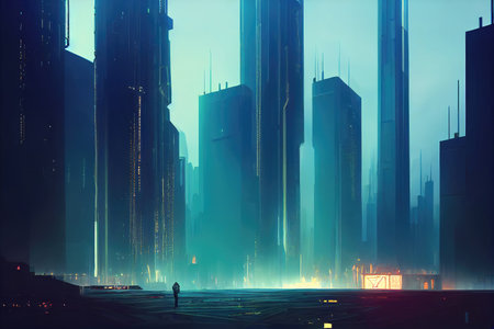 a fog city illustration in the future, sci fi art 2の素材