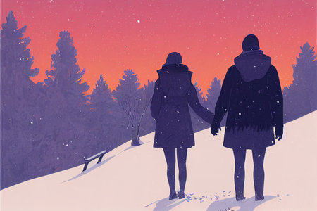 a couple in cartoon art, dawn landscape scene, red sky artの素材