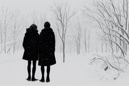 a couple together in winter, hand in hand artの素材