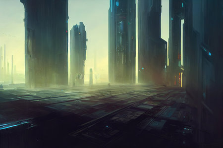 a futuristic city illustration in concept art, sunrise scene artの素材