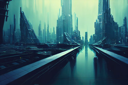 a big water road going into a cyberpunk city scene  artの素材