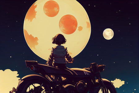 girl sitting on a motorcycle at a sci fi planet watching the moon, concept manga art, cartoonの素材