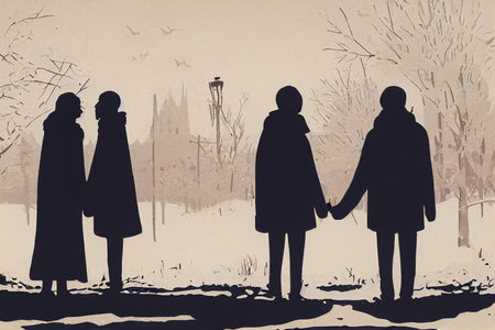two couples in winter, landscape scene artの素材