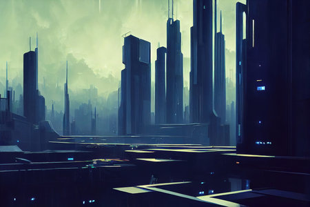 a cyberpunk illustration of a future city artの素材