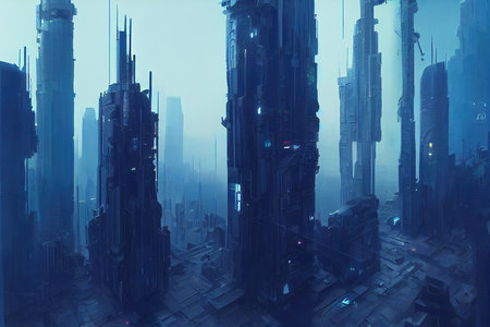 dark foggy scene of a neon light cyberpunk city artの素材