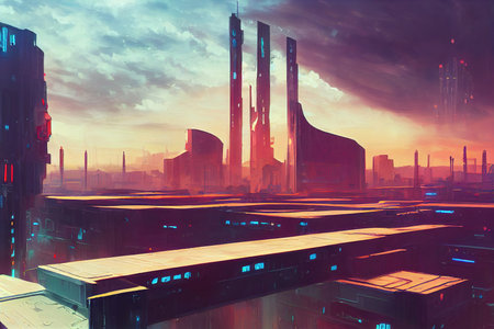 a big city illustration of a future industrial city part artの素材