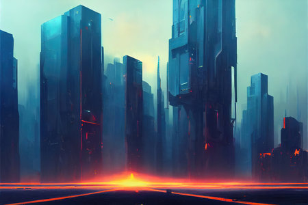 a future cyberpunk city illustration in concept art, red neon light artの素材