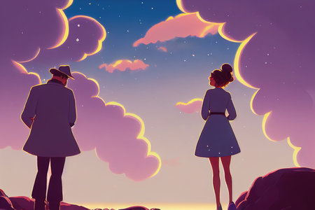an agent saying goodbye scene to his wife, pink landscape illustration artの素材