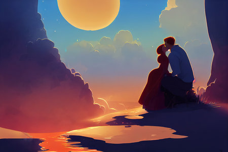 couple kissing in front of a beautiful landscape scene, animation style art 2の素材