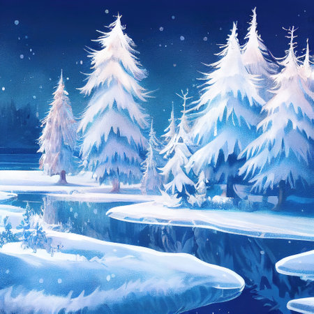 a cartoon illustration of trees with snow in winter, small cold river 2の素材