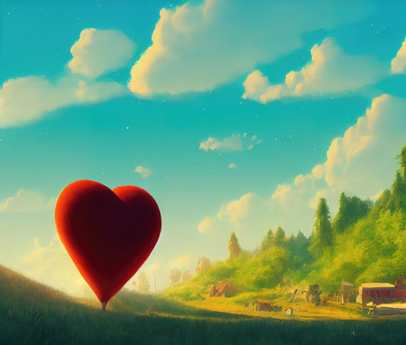 red balloon heart at a big landscape, cartoon art 2の素材