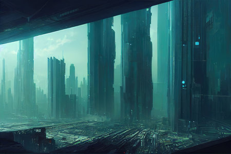 foggy scene with a view to a cyberpunk city with skyscrappers artの素材