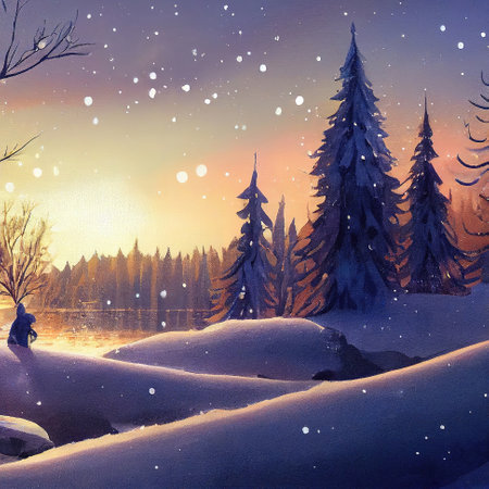 landscape illustration of a winter lake with trees 2の素材