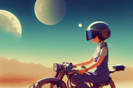 cute anime girl sitting on a motorcycle on a desert, art  2の素材
