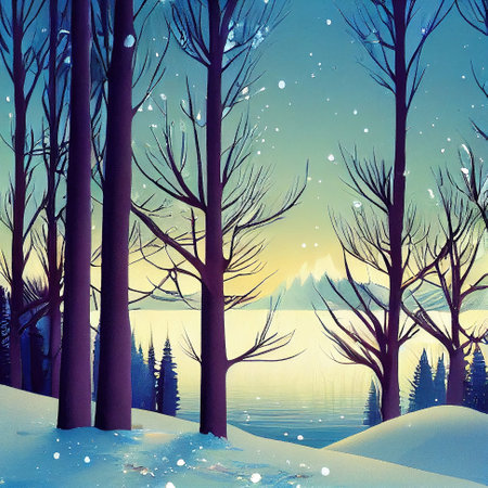 some trees at a lake, winter cartoon art 2の素材