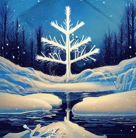 a fairytale tree at a lake, made out of snow in the style of a snowflake, shining tree 2の素材