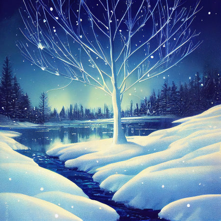 a frozen tree at a lake next to a small river, art 2の素材