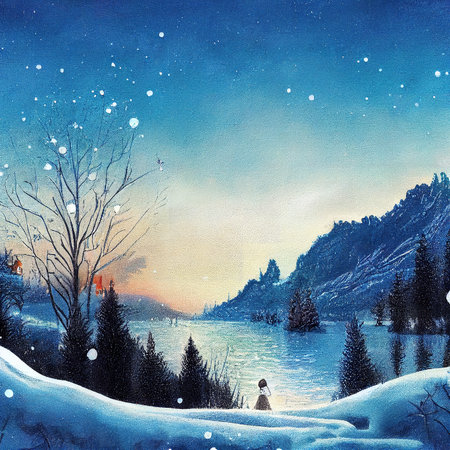 a girl standing in front of a lake in winter, cartoon art 2の素材