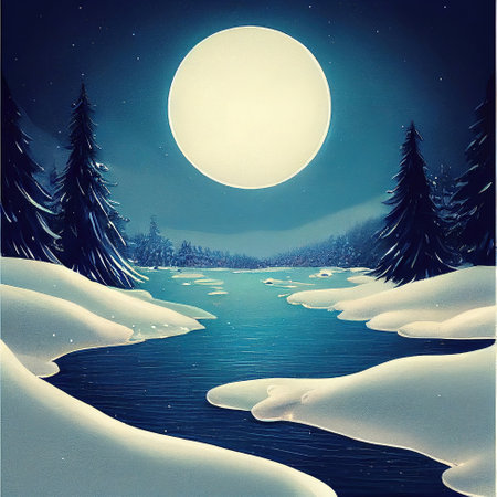 moonshine scene in winter at a lake with a small river, cartoon art 2の素材